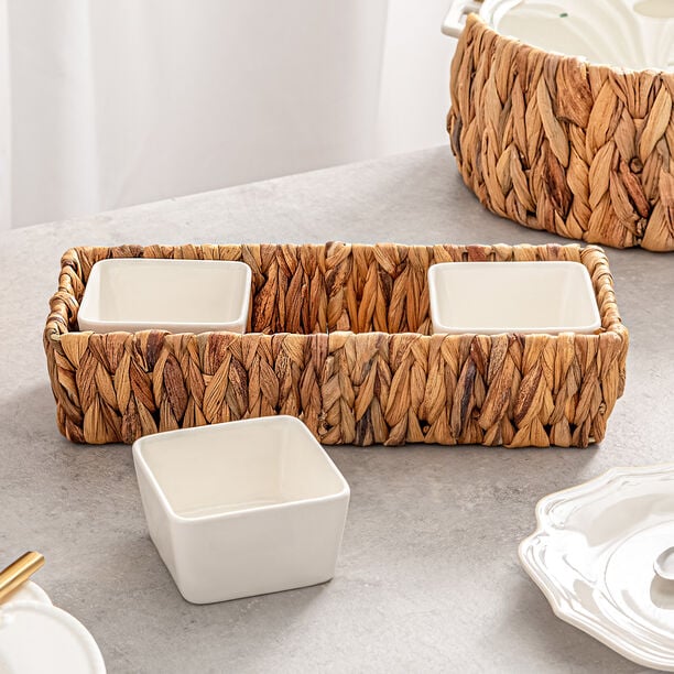 3Pcs Porcelain Square Dish With Rattan Basket image number 3