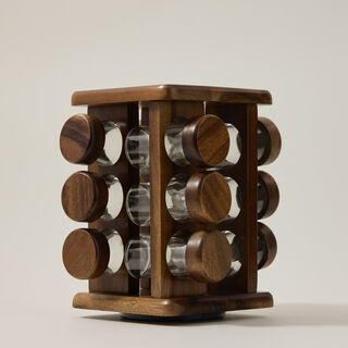 بيلي طقم برطمانات بهارات خشب وزجاج وقاعدة دوارة 12 قطعة