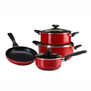 Betty Crocker Non Stick Cookware Set 7 Pieces With Glass Lid Red Color