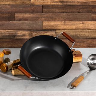Non Stick Wok Pan With Wood Handle Round Shape Black