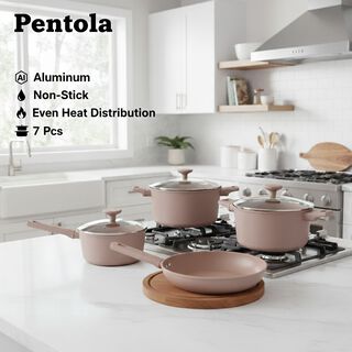 Pentola 7Pcs Aluminum Non Stick Cookware Set With Glass Lids, Brown