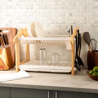 Alberto 2 Layers Rubber Wood Withplastic Dish Rack White