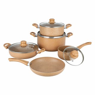 Pentola 9pcs aluminum non stick cookware set with glass lids, brown