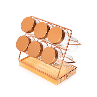 طقم برطمانات زجاج 6 قطع بغطاء نحاسي وحامل معدني من البرتو