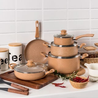 Pentola 9pcs aluminum non stick cookware set with glass lids, brown