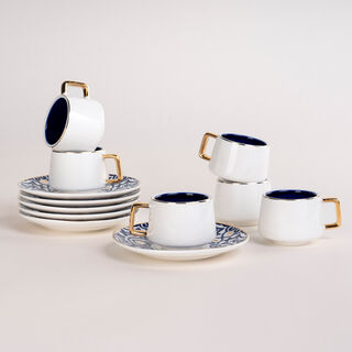 دلتي طقم فناجين قهوة تركي بورسلان أزرق وأبيض 12 قطعة