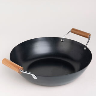 Non Stick Wok Pan With Wood Handle Round Shape Black