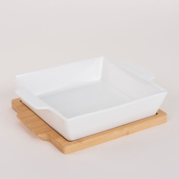 طبق فرن/تقديم بورسلان بقاعدة من الخيزران image number 0