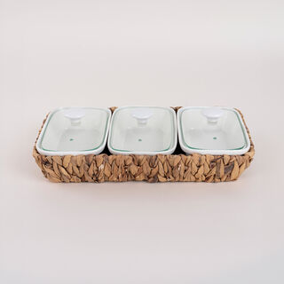 Porcelain 3Pcs Rectangular Casseroles With Lid And Rattan Basket
