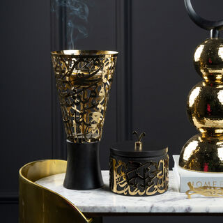 Ambra gold metal arabic calligraphy oud burner with a box and a picker 14*14*28 cm