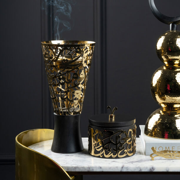 Ambra gold metal arabic calligraphy oud burner with a box and a picker 14*14*28 cm image number 0
