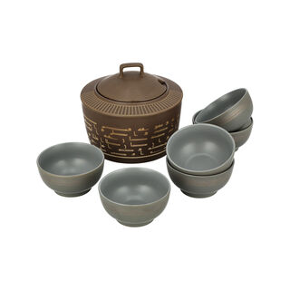 La mesa brown porcelain soup tureen set 6 pc