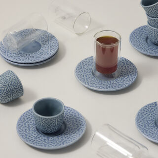 Dallaty blue porcelain and glass tea and Saudi coffee cups set 18 pcs