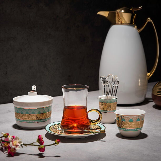 Dallaty white with fayrouz and gold prints Tea and coffee cups set 28 pcs image number 6
