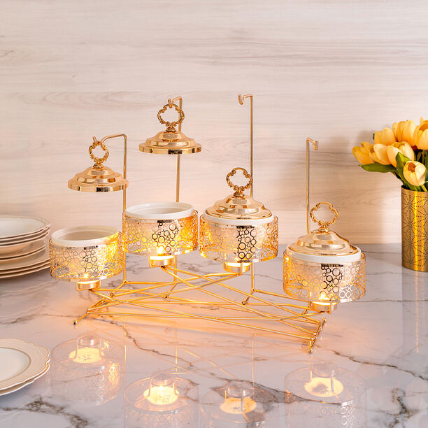 4 pieces Round Food Warmer Set With Candle Stand Gold 5" image number 6