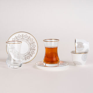 La Mesa white porcelain and glass tea and coffee cups set 18 pcs