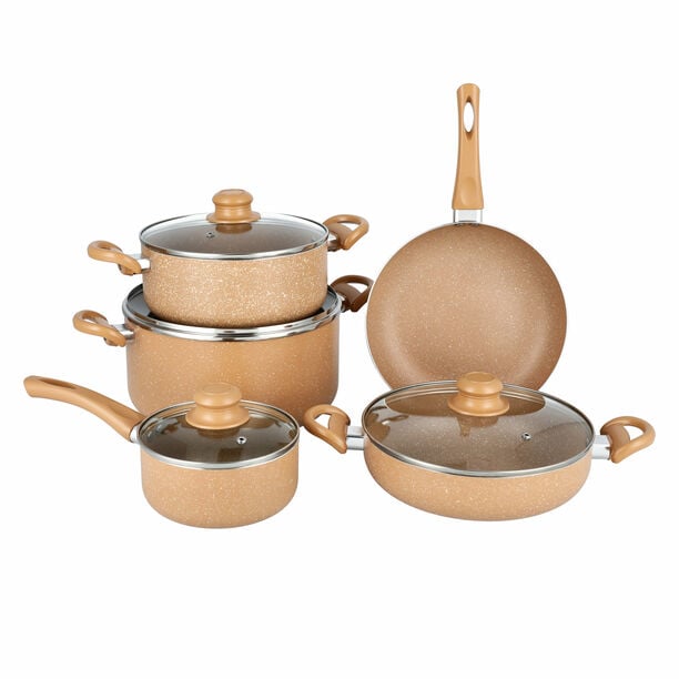 Pentola 9pcs aluminum non stick cookware set with glass lids, brown image number 1