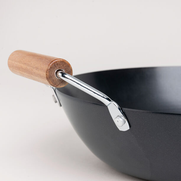 Non Stick Wok Pan With Wood Handle Round Shape Black image number 1