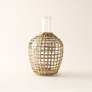 هومز إناء زجاجي بغطاء منسوج من الخوص 25*15.5*15.5سم