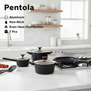 Pentola 7Pcs Aluminum Non Stick Cookware Set With Glass Lids, Matt Black