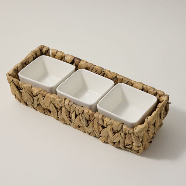 3Pcs Porcelain Square Dish With Rattan Basket image number 0