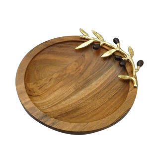 Wooden Round Dish With Olive Decoration Medium ( Single Decoraction ) 19Cm