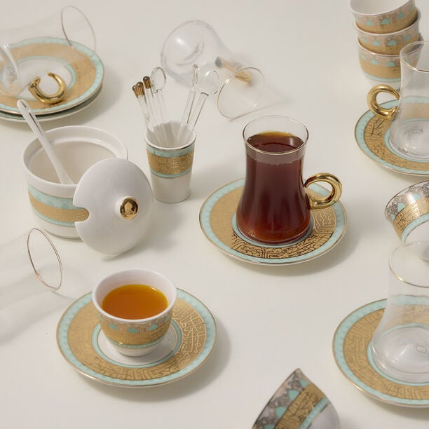 Dallaty white with fayrouz and gold prints Tea and coffee cups set 28 pcs image number 5