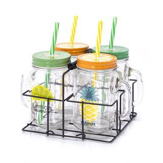 Alberto 4Pcs Glass Mug With Metal Holder V:450Ml Summer Design