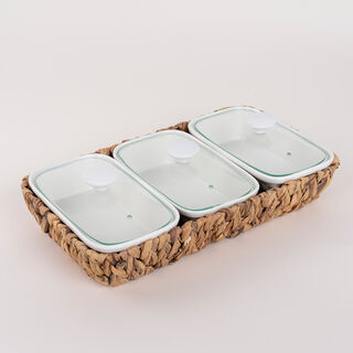 Porcelain 3Pcs Rectangular Casseroles With Lid And Rattan Basket