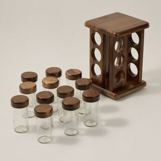 بيلي طقم برطمانات بهارات خشب وزجاج وقاعدة دوارة 12 قطعة