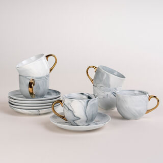 La Mesa Tea Cup & Saucer Set 12 Pieces Grey Marble With Gold