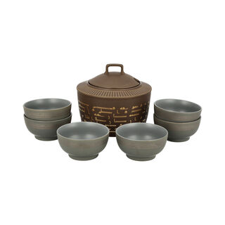 La mesa brown porcelain soup tureen set 6 pc