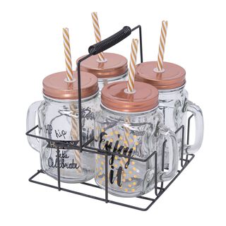 4 Pieces Glass Mug 450Ml With Straw On Metal Holder Copper Design