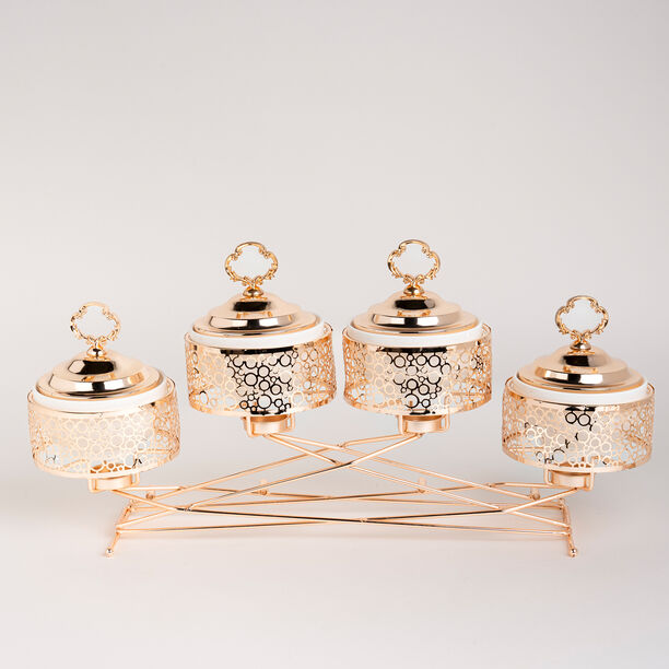 4 pieces Round Food Warmer Set With Candle Stand Gold 5" image number 1