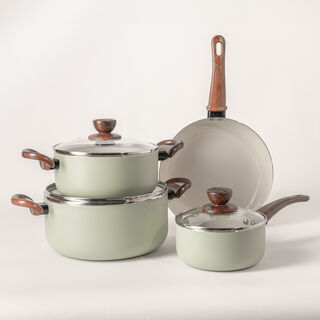 7 Pcs non stick cookware set with glass lid green